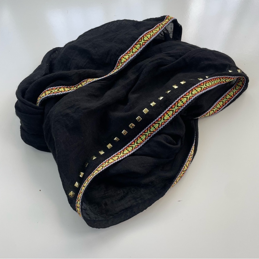 Infinity Scarf Lightweight Black Tribal Aztec Embroidered with Flat back Studs